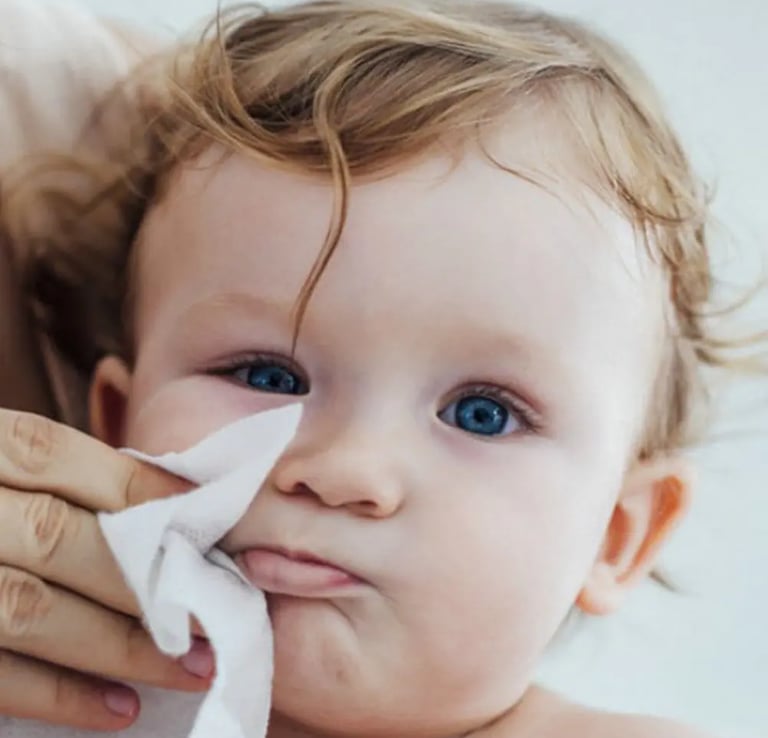 Cleaning a baby face with a wet wipe
