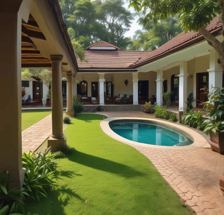 A lush green landscape filled with terraced plantations, surrounded by majestic hills partially veiled by low-hanging clouds. A small village with colorful houses lies nestled within the scenery, adding a touch of human presence to the natural setting.