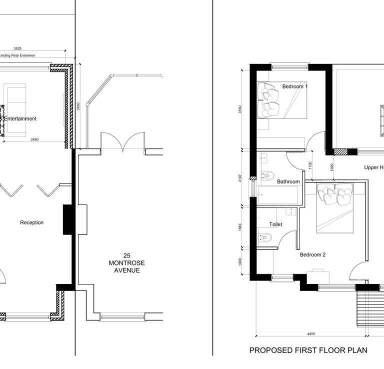 Architectural technical drawing showing the proposed ground and first floor plans for a residential house renovation.