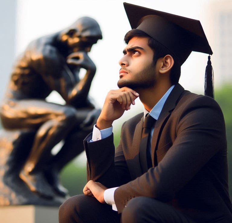 A graduate contemplating his future simulating Rodin's Thinker-MS365 Designer