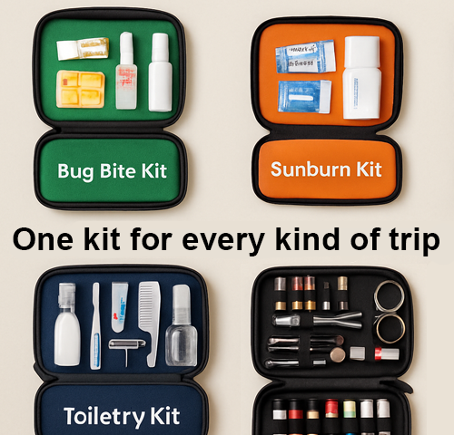 Caption reads, "One kit for every kind of trip". A photo of a bug bite kit and sunburn kit