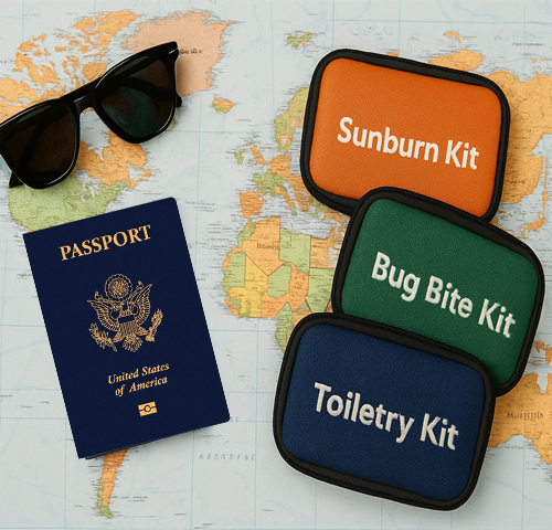 Picture of World Map, passport, sunglasses, sunburn kit, bug bite kit and toiletry kit