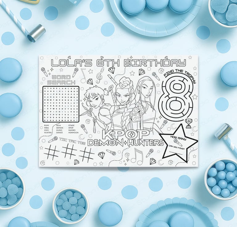 Printable KPop Demon Hunter activity sheets featuring word search, maze, and coloring page for kids.