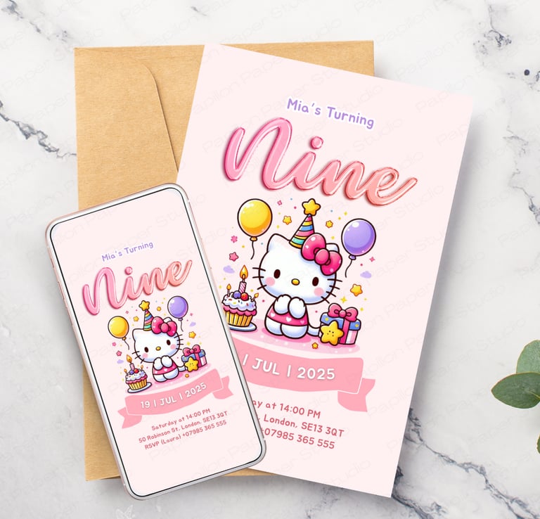 HELLO KITTY CARD INVITATION AND PHONE INVITE IN LIGHT PINK