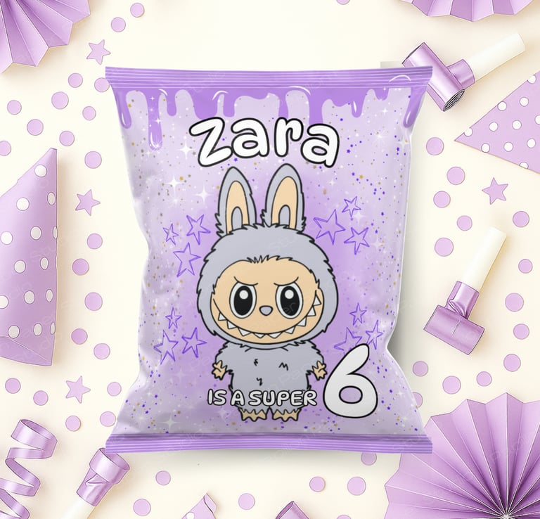 Personalized Labubu chip bags featuring all 7 Labubu characters for birthday parties
