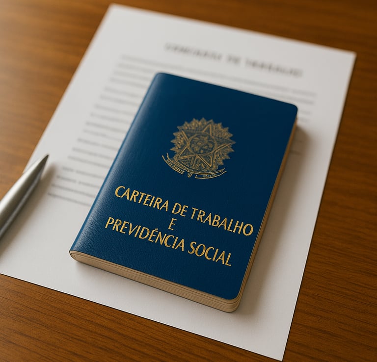 Uma carteira de trabalho, um contrato de trabalho e uma caneta sobre uma mesa