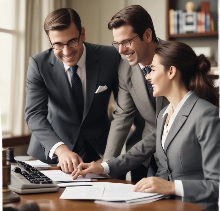 A family happily reviewing their budget together in a bright living room.