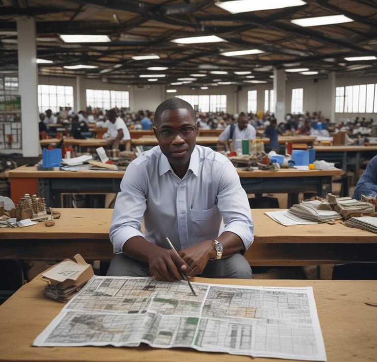Interior shot of a bright living room with traditional Ghanaian decor and modern furnishings.