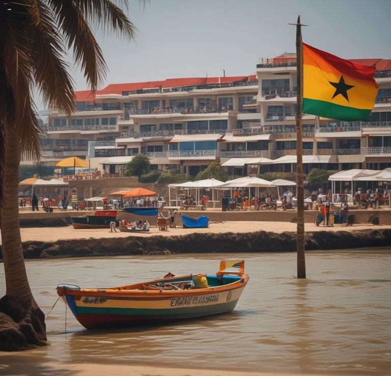 A vibrant modern apartment building in Sekondi-Takoradi with colorful Ghanaian-inspired accents.
