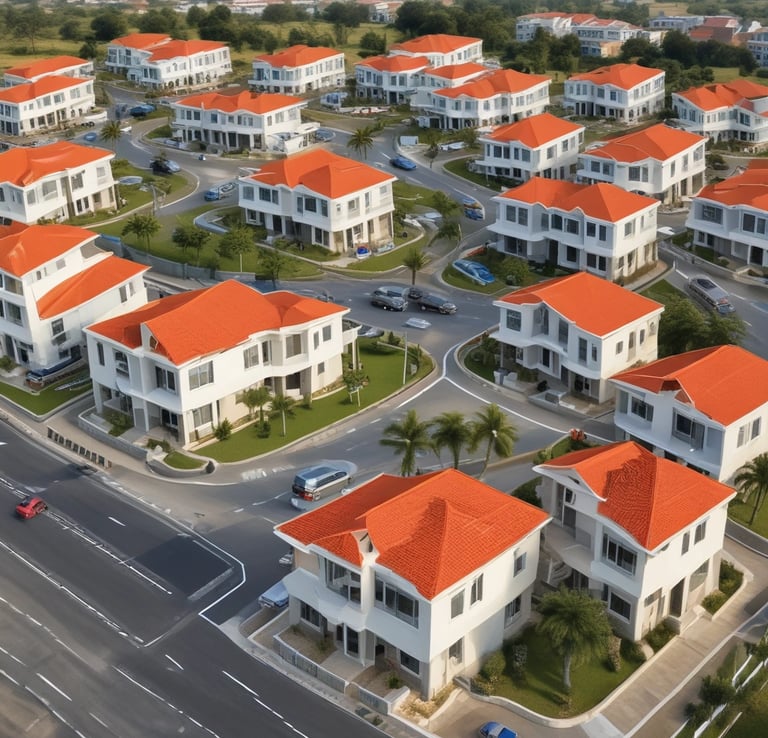 A sleek new condominium building with bold red, gold, and green accents reflecting Ghana’s flag.