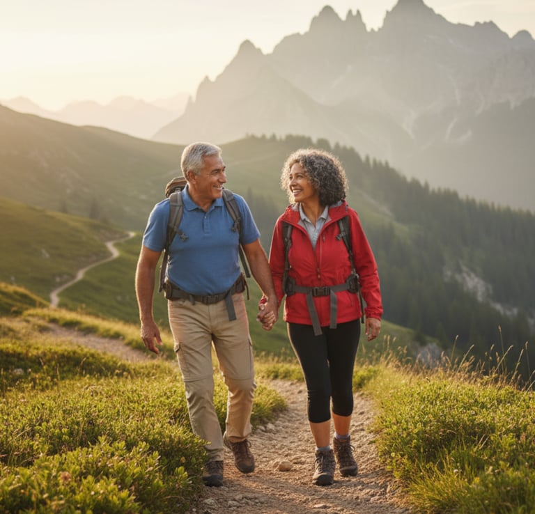 Una pareja de ancianos que consume VIOKAL, subiendo con confianza una montaña sin bastones.