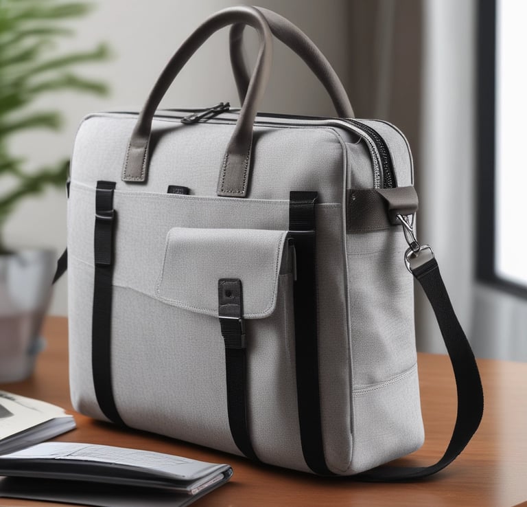 A sleek laptop bag sitting on a modern desk with a laptop and coffee cup