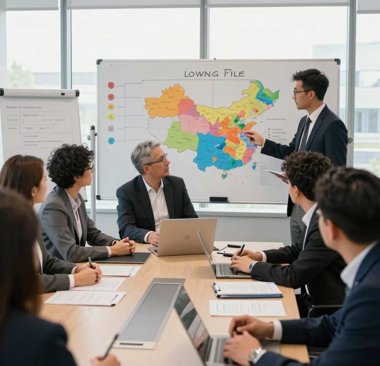 Wide environmental shot of a sales team in a modern meeting room, whiteboards showing pipeline stages and territory maps, team members mid-discussion around a conference table, daylight from large windows, candid and active