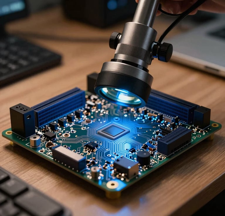 A modern hardware developer workstation displaying an intricate high-density circuit board with blue light-emitting components under a specialized magnification glass. Warm and cool lighting contrast.