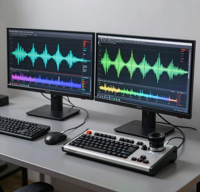 Professional setup of dual spectrum monitors displaying colorful wave metrics alongside a high-quality hardware testing kit on a slate-colored table.
