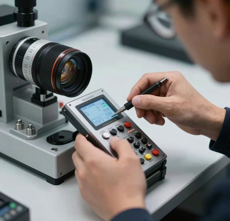 Close-up of a calibration expert calibrating a digital test module in a crisp industrial tech setting tailored for a North American / Global tech and industrial audience.