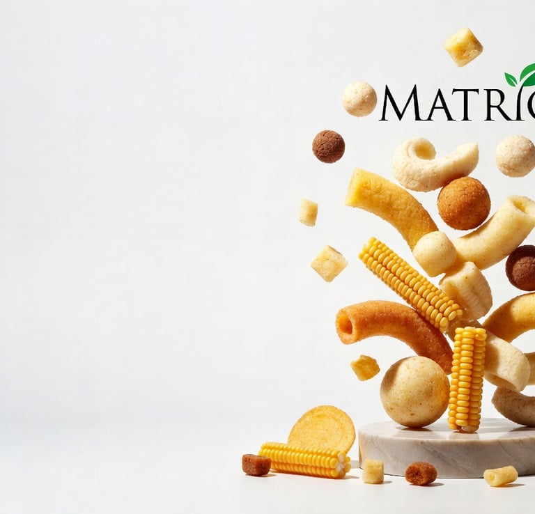Assorted Matrioz corn snacks and puff appetizers levitating over a marble pedestal.
