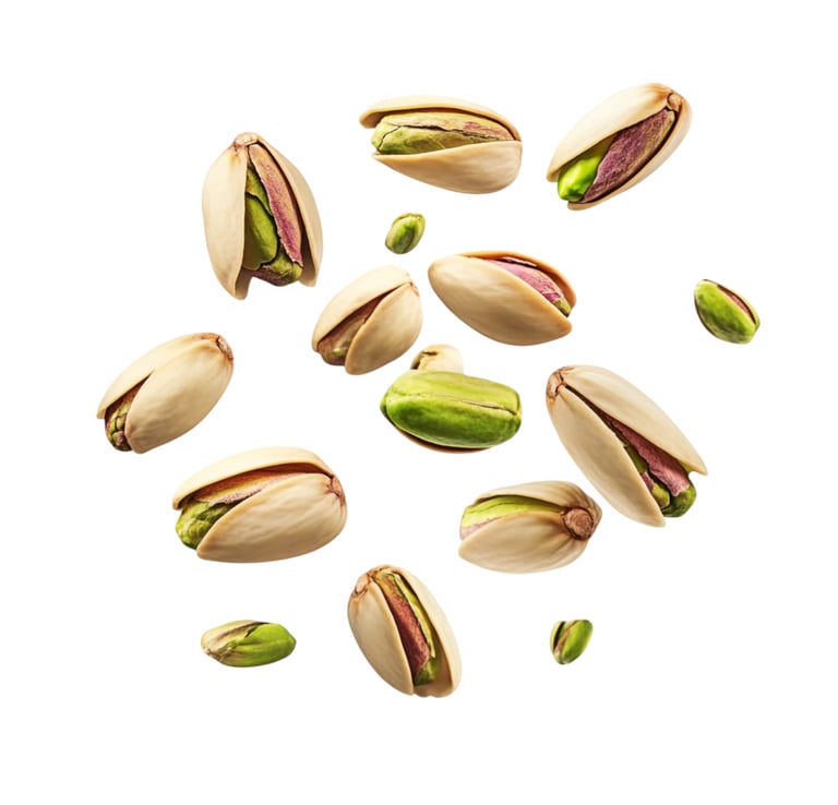 A group of whole and cracked salted pistachios falling against a white background.