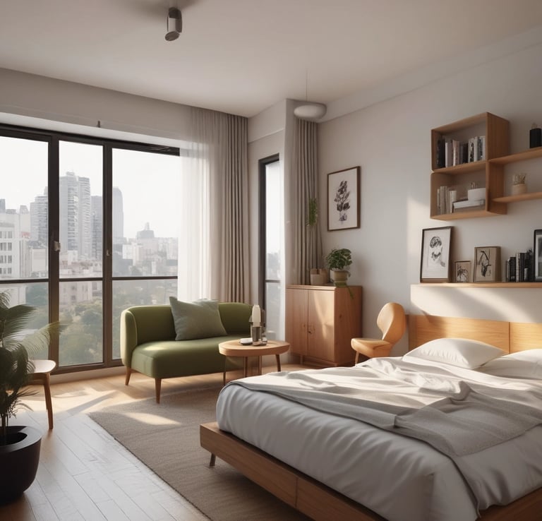 Cozy, modern apartment living room with warm lighting and tasteful decor.