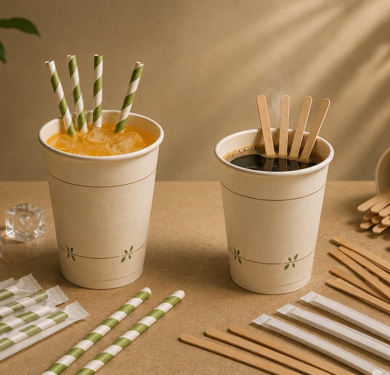 pajitas de papel y agitadores de madera
