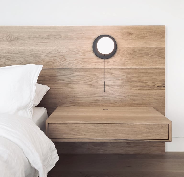 Custom American Oak Headboard Nightstand Floating Drawer Contemporary Luxury Design Natural Materials