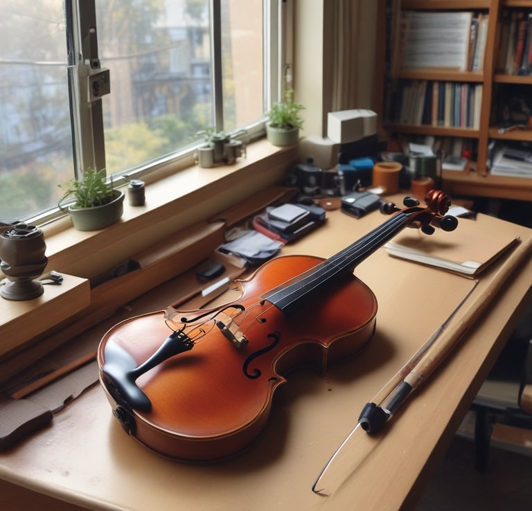 A mentor guiding a student’s hand on the violin fingerboard in a warmly lit room.