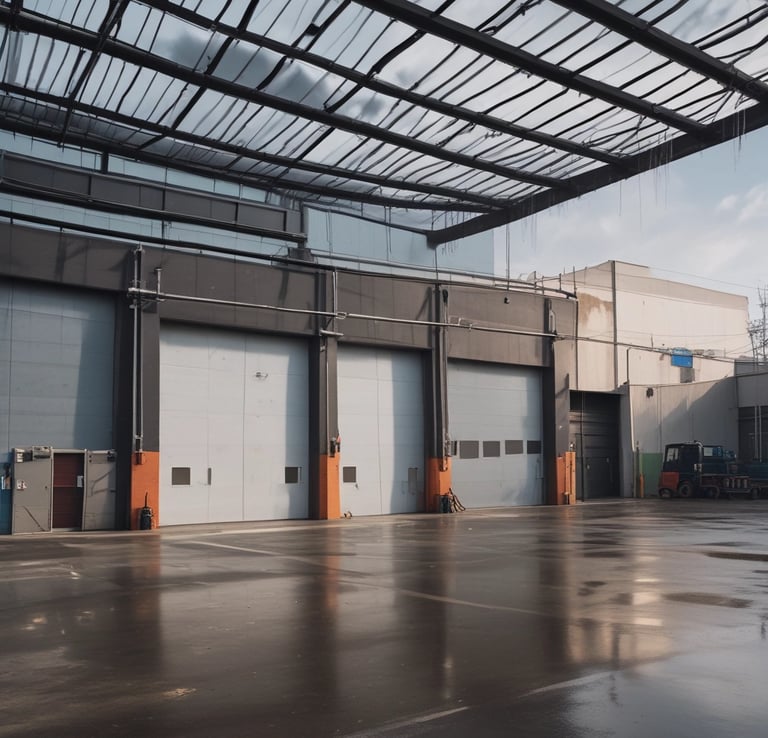 Exterior shot of a commercial building housing car washes in Bucharest.