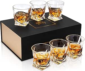 Crystal whiskey tumblers with gold detailing, luxury whisky glass gift set.