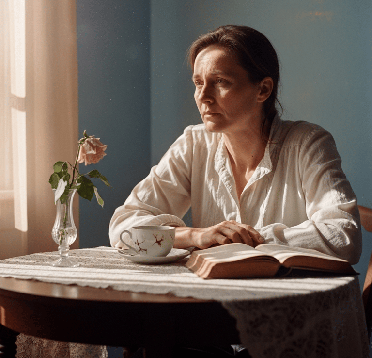 A women sitting at a table with a concerned expression