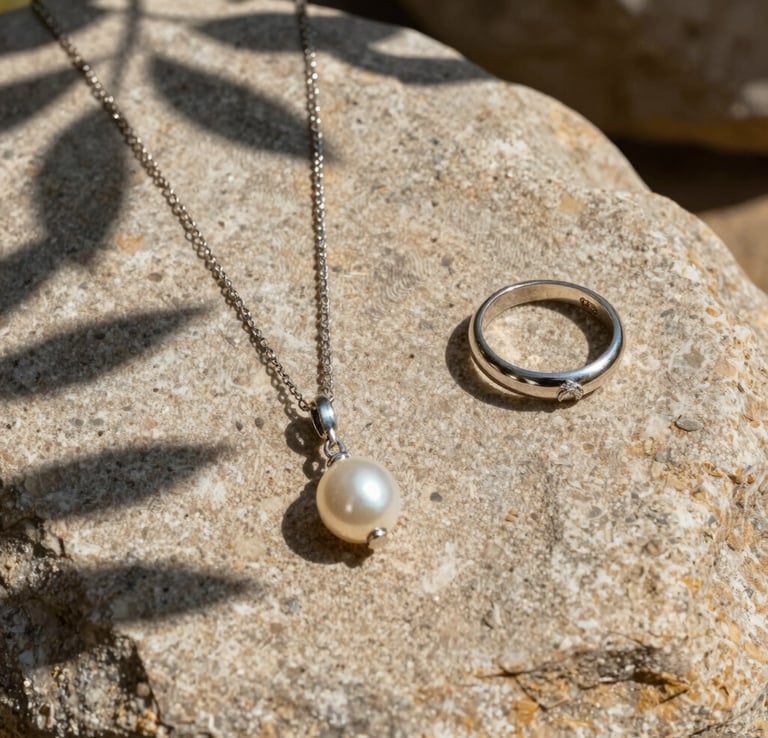 A beautiful aesthetic shot of jewelry pieces laid out on a textured sand-colored stone, with shadows of leaves, capturing the quiet elegance of Breton nature.