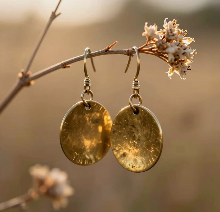 Close-up of bohemian brass earrings hanging from a small wild dried flower branch, warm golden sunbeams reflecting on the metal, artistic natural look.