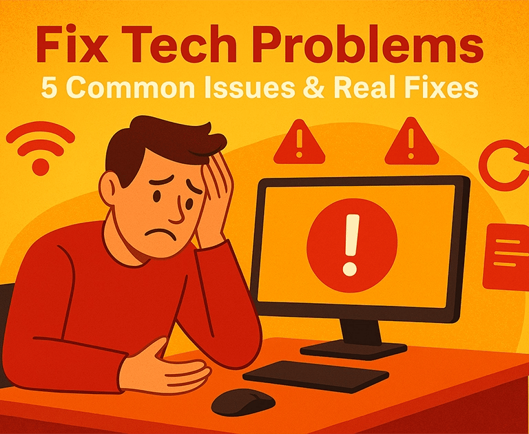 Frustrated man in red shirt at desk with error symbols on screen needing tech help in Cedar Rapids.