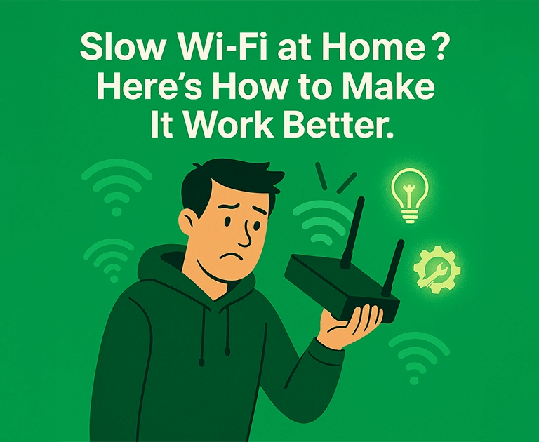 Frustrated man holding Wi-Fi router with weak signal icons and green tech help background in Cedar Rapids.