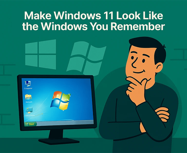 Person using Windows 11 PC with retro Windows 10 and 7 elements on screen in Cedar Rapids.