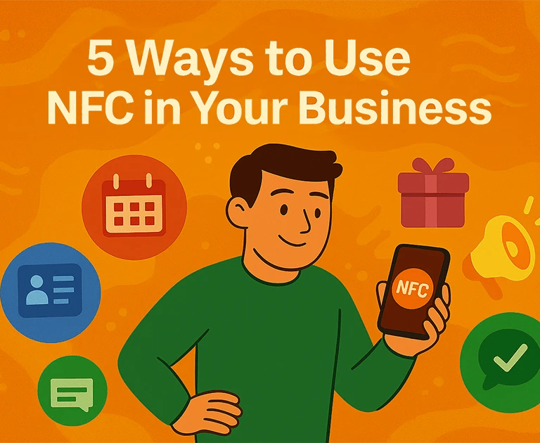 Business owner using NFC tag with smartphone to boost customer interaction in Cedar Rapids.