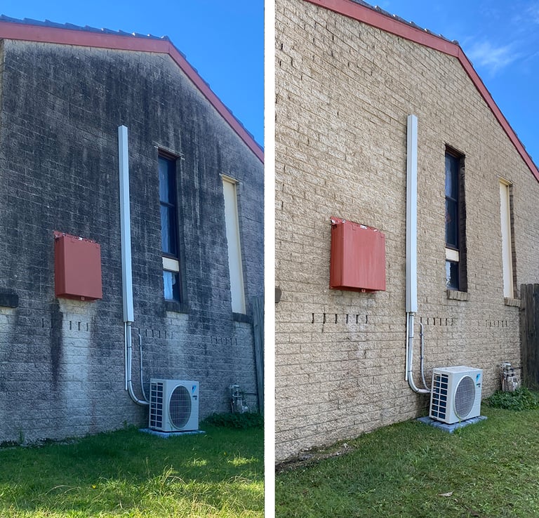 Before and after professional pressure washing of a dirty brick exterior wall.
