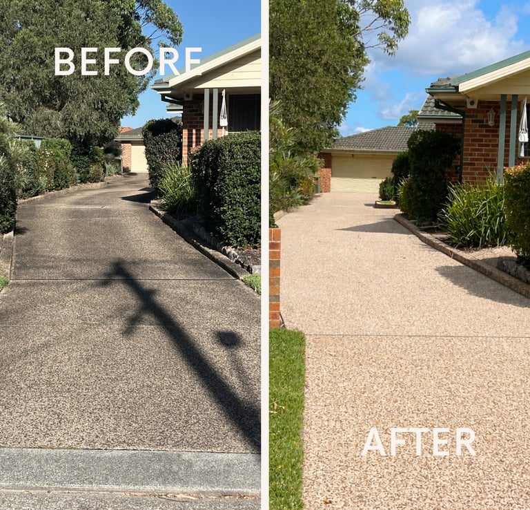 Before and after professional pressure cleaning of a residential pebblecrete concrete driveway.