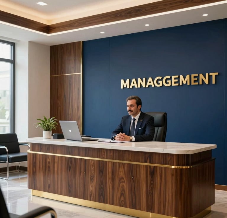An upscale Iraqi executive company office interior with professional design, rich wood, deep blue walls, and gold metallic accents, clean lighting, representation of brand management.