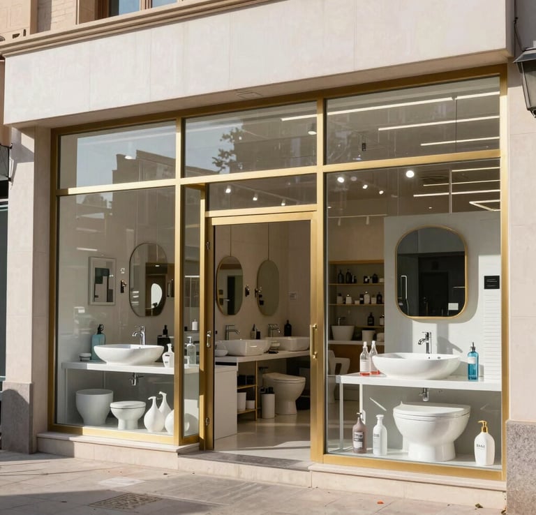 Modern sanitary ware showroom facade in Baghdad, with gold framing, transparent glass windows showing stylish countertop washbasins and premium bathroom supplies, bright daylight.