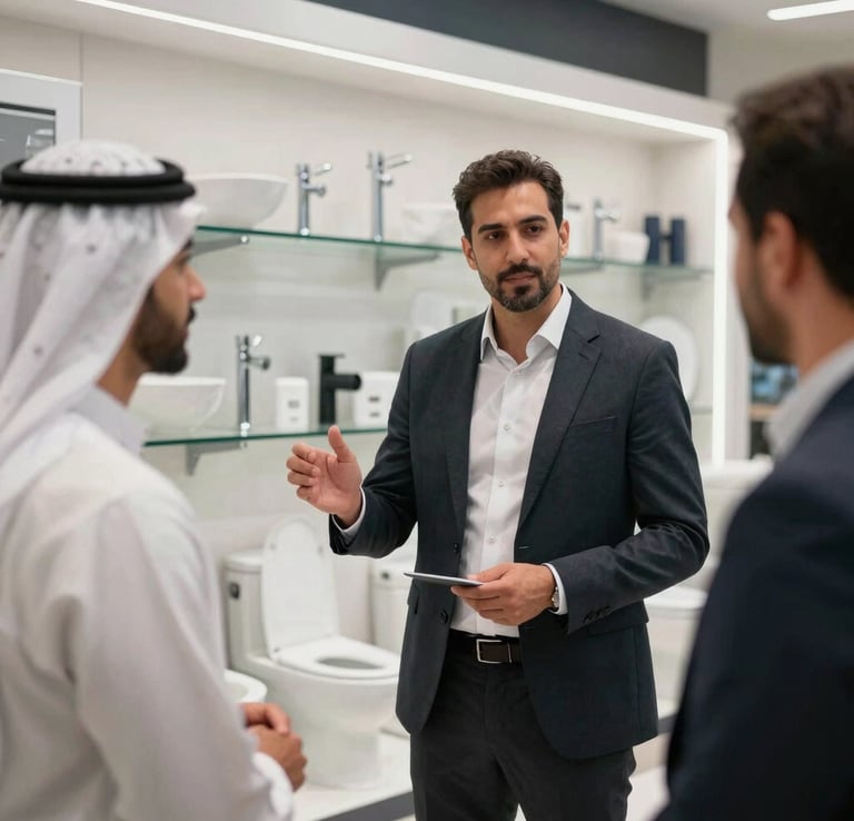 A professional Iraqi sales advisor in a clean business attire presenting high-end bathroom sanitary ware to Middle Eastern customers inside a brightly lit showroom.