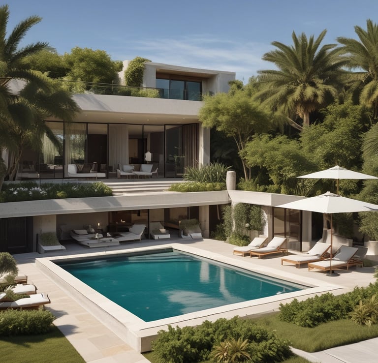 Elegant lobby of a high-end serviced apartment complex with marble floors and designer furnishings.