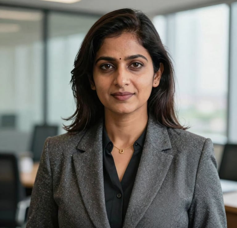 Headshot of an executive female director in stylish corporate attire, confident expression, Noida office background, South Asian / Indian, soft natural lighting.