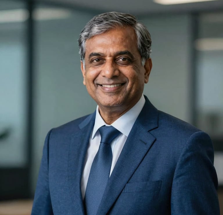 Headshot of a senior male HR partner in formal blue blazer, smiling warmly, corporate background with soft blue hues, South Asian / Indian, professional executive studio portrait.
