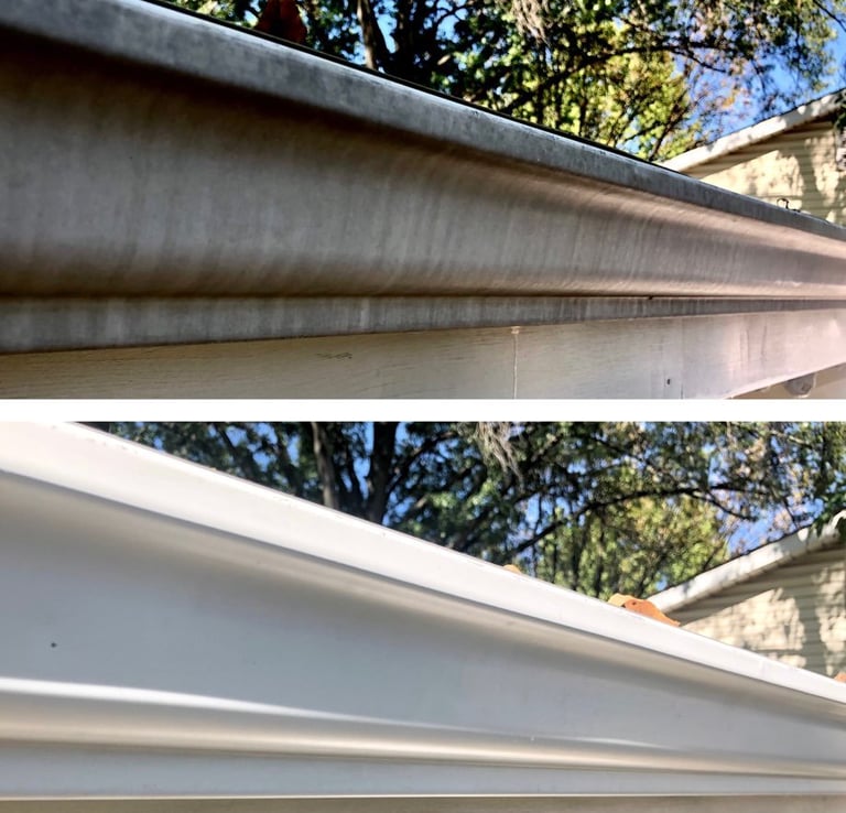 Gutters before and after professional cleaning in Land O' Lakes, FL by Pasco County Pressure Washing