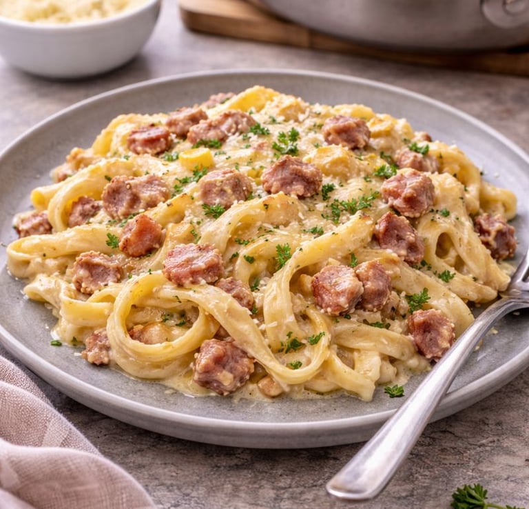 creamy bacon pasta in pan