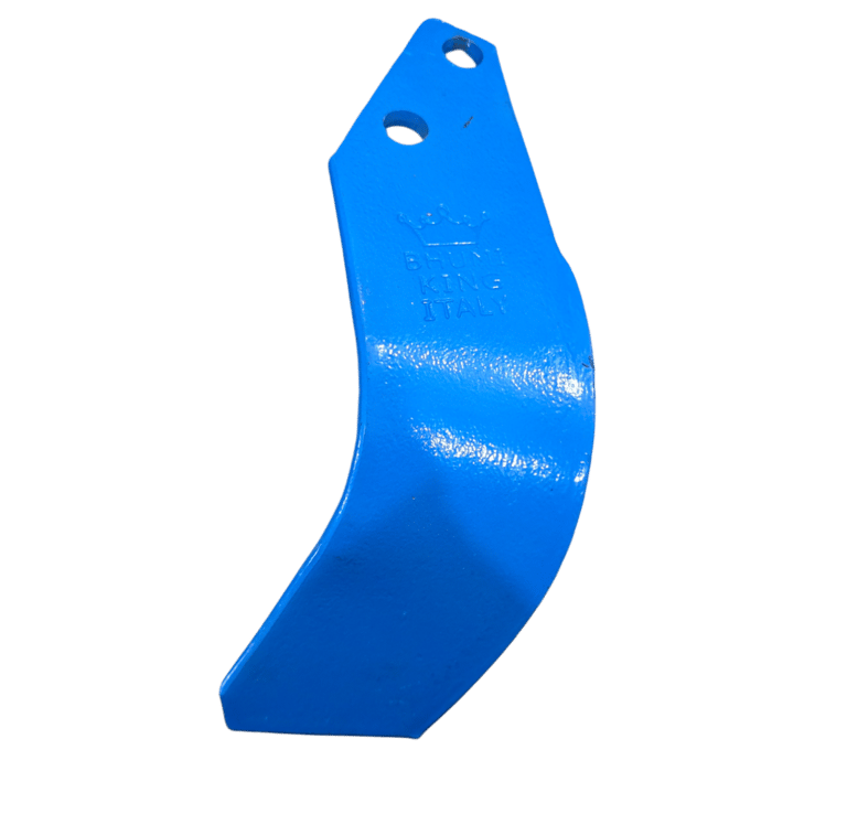 Blue steel tiller blade for agricultural machinery, showing curved design and mounting holes.