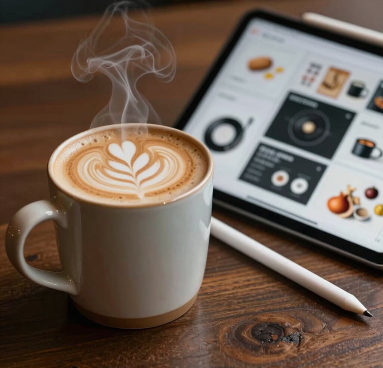 A detailed close-up shot of a steaming ceramic mug with beautiful foam art, resting next to a stylus and a tablet showing creative digital templates. Warm ambient café lighting, cozy modern vibe.