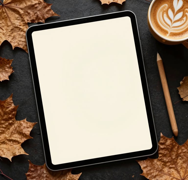 An elegant, high-contrast flatlay photograph featuring a digital notebook displayed on a tablet, surrounded by dried autumn leaves, a wooden stylus, and a warm cup of coffee with latte art. Warm cream and brown tones.