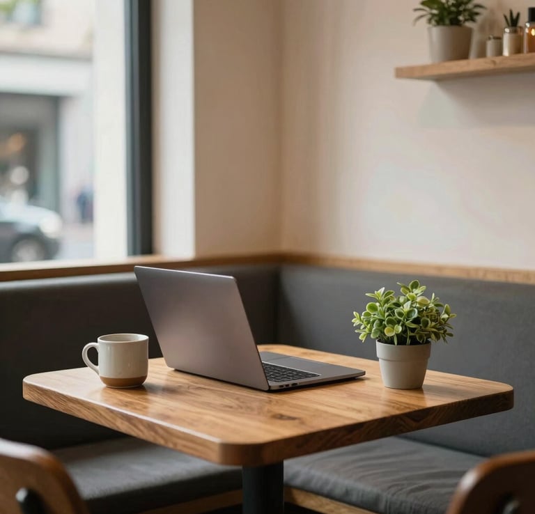A cozy lifestyle photo of a digital creator working in a corner booth of a warm neighborhood café. A wooden table holds a laptop, a ceramic mug, and a small green plant. Bright and inspiring atmosphere.