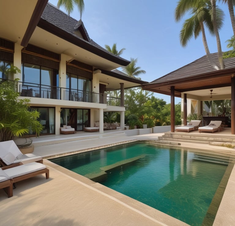 A modern villa with a pool surrounded by greenery.